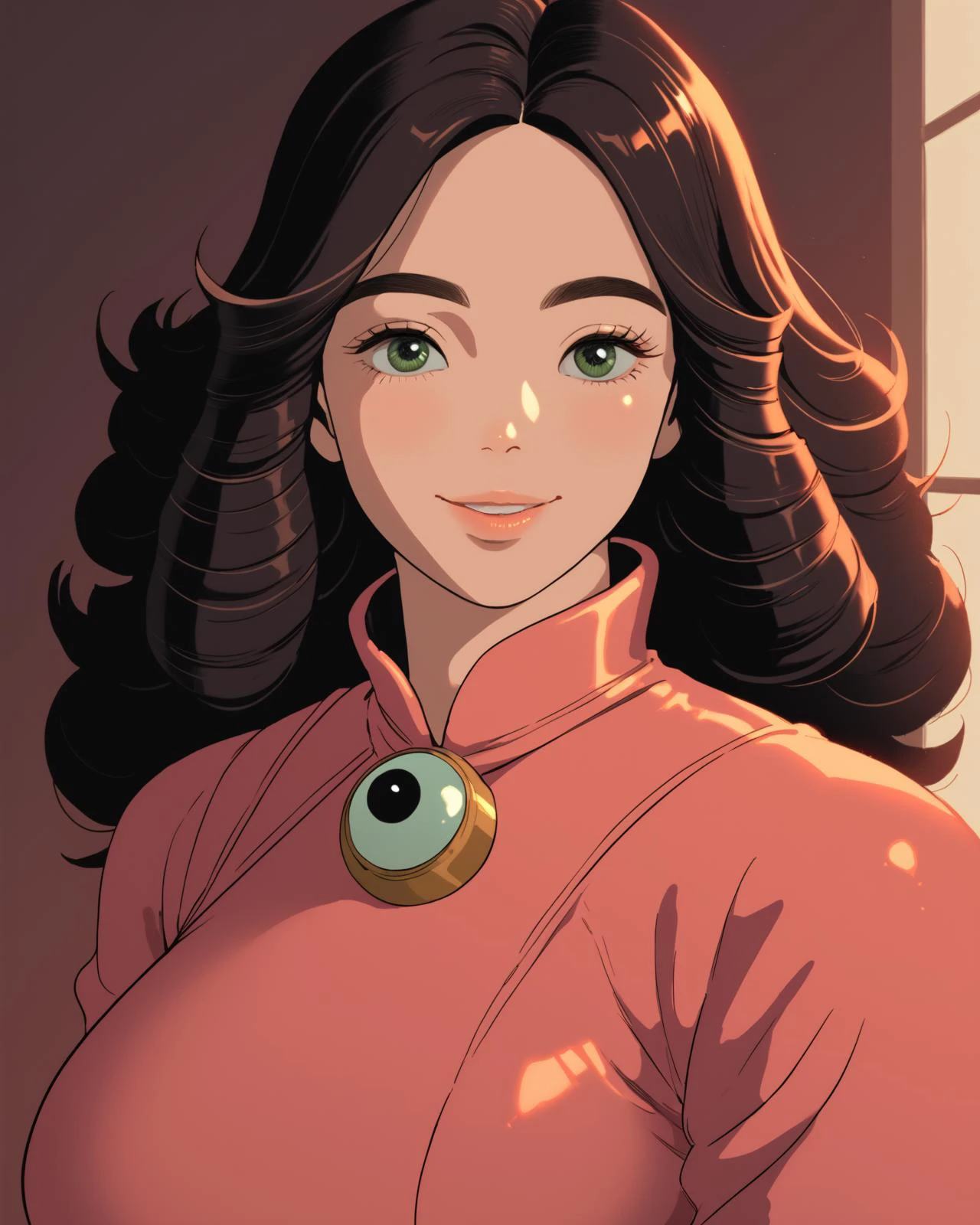 PonyScores7, source_anime, ah1, 1girl, (curly hair), long hair, (black hair), mature female, (parted hair:1.7), (round face:1.2), (no_bangs), (no_fringe), (thick eyebrows), (curvy), round-chin, (greenish hazel eyes), caucasian, (downturned eyes:1.2), (plump face), <lora:ETO_OCPonyXL:0.5> eto_oc, skindentation, (plump:1.2), thick thighs, wide hips, busty, voluptuous, kinky curls, lips, bad-hands-5, <lora:venus body PonyXL:0.6>, <lora:xl_more_art-full_v1:0.3>, <lora:shinyskin2:0.3> glistening skin, <lora:aesthetic_anime_v1s:0.3>, <lora:Expressive_H:0.3> Expressiveh, <lora:hairdetailpxl:0.3> hairdetailpxl, <lora:EpicF4nta5yXL:0.3>, <lora:detailxl:0.3> detailxl, <lora:Fant5yP0ny:0.3>, best quality, amazing quality, best aesthetic, absurdres, <lora:expressive eyes:0.3> expressive eyes, <lora:eyedetailpxl:0.3> eyedetailpxl, illustration, Volumetric_Lighting, ultra-detailed, very aesthetic, intricate details, 8k, masterpiece, best_quality, (An expression of envy, with narrowed eyes and a tight, forced smile), (Establishing shot), (Leaning on a windowsill, looking out with a sense of longing or anticipation,), (a detective solving supernatural crimes), (lip pink Kain (Traditional Indonesian cloth)), <lora:Eyes_High_Definition:0.3> EyesHD, looking at viewer, Stable_Yogis_PDXL_Positives,