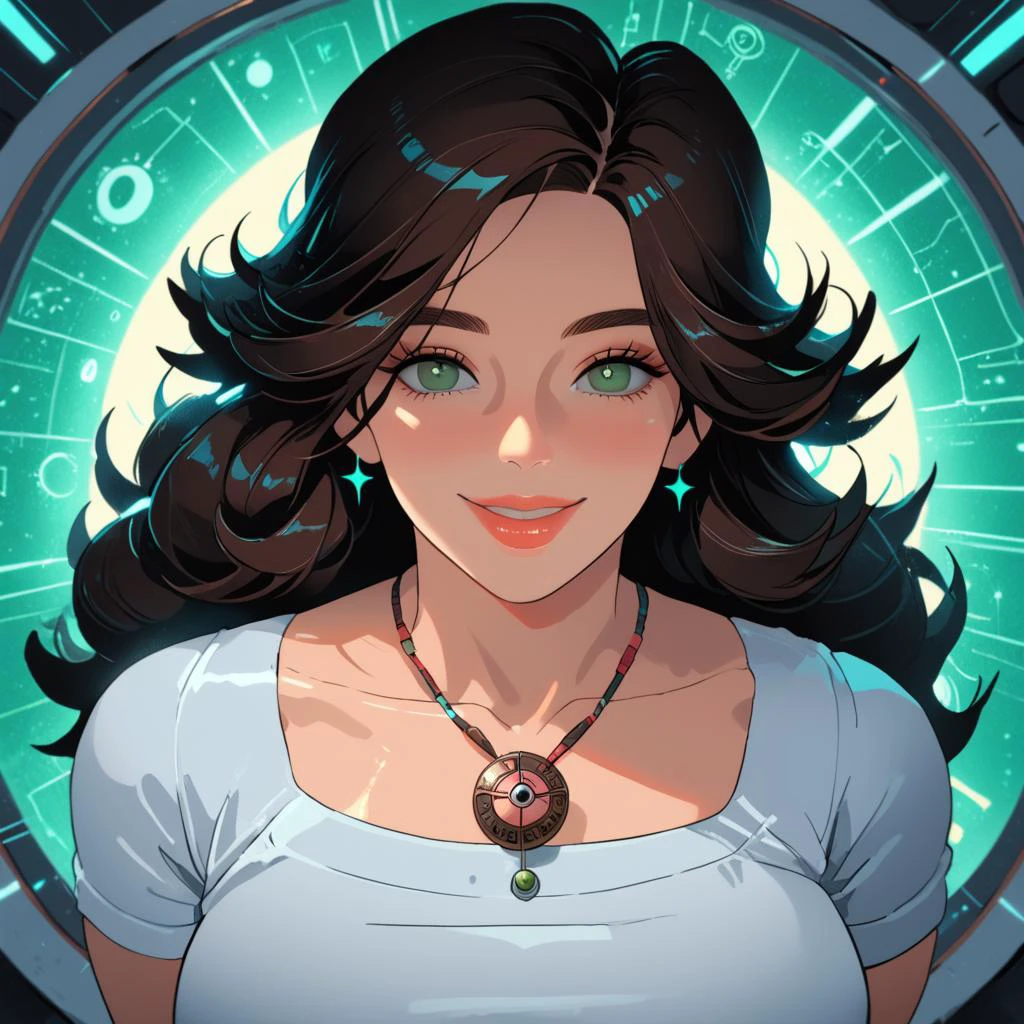 PonyScores7, source_anime, ah1, 1girl, (curly hair), long hair, (black hair), mature female, (parted hair:1.7), (round face:1.2), (no_bangs:1.3), (no_fringe:1.6), (thick eyebrows), (curvy), round-chin, (greenish hazel eyes), caucasian, (downturned eyes:1.2), (plump face), <lora:ETO_OCPonyXL:0.5> eto_oc, skindentation, (plump:1.2), thick thighs, wide hips, busty, voluptuous, kinky curls, lips, bad-hands-5, <lora:venus body PonyXL:0.8>, <lora:xl_more_art-full_v1:0.4>, <lora:shinyskin2:0.3> glistening skin, <lora:aesthetic_anime_v1s:0.4>, <lora:Expressive_H:0.4> Expressiveh, <lora:hairdetailpxl:0.4> hairdetailpxl, <lora:EpicF4nta5yXL:0.4>, <lora:detailxl:0.4> detailxl, <lora:Fant5yP0ny:0.4>, best quality, amazing quality, best aesthetic, absurdres, <lora:expressive eyes:0.4> expressive eyes, <lora:eyedetailpxl:0.4> eyedetailpxl, illustration, Volumetric_Lighting, ultra-detailed, very aesthetic, intricate details, 8k, masterpiece, best_quality, smile, (Birdâs-eye view), (wearing a celestial amulet glowing with inner radiance), (Triage Area, Brightly lit space with mobile partition screens for privacy, rows of chairs for waiting patients, a large desk with medical charts and a computer workstation, medical equipment carts neatly arranged along the walls, a digital display board for patient status updates), (old rose Halter neck maxi dress), <lora:Eyes_High_Definition:0.6> EyesHD, looking at viewer, Stable_Yogis_PDXL_Positives,