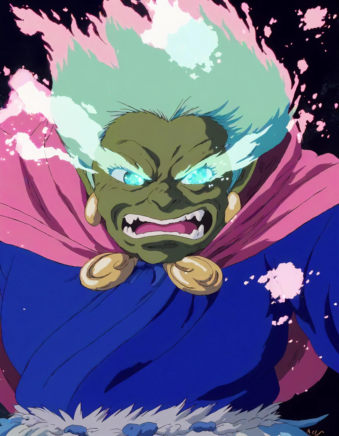 Analog style, vhs style, Dvd screengrab, old anime, classic anime, portrait of a female half-Orc Sorcerer wearing a wild rainbow cloak, <lora:_sdxl-burningeye-pony:1> burningeye, flaming eye, BREAK flowing magical energy, intense expression, muscular build, green skin, intricate tattoos, dark fantasy, dynamic lighting, detailed fantasy artwork, high contrast colors, glowing magical embers, chaotic energy, rugged landscape, fierce, ethereal glow, power radiating, clothes,