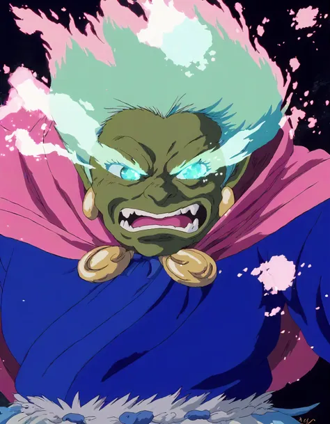 Analog style, vhs style, Dvd screengrab, old anime, classic anime, portrait of a female half-Orc Sorcerer wearing a wild rainbow cloak,  <lora:_sdxl-burningeye-pony:1> burningeye, flaming eye, BREAK flowing magical energy, intense expression, muscular build, green skin, intricate tattoos, dark fantasy, dynamic lighting, detailed fantasy artwork, high contrast colors, glowing magical embers, chaotic energy, rugged landscape, fierce, ethereal glow, power radiating, clothes,