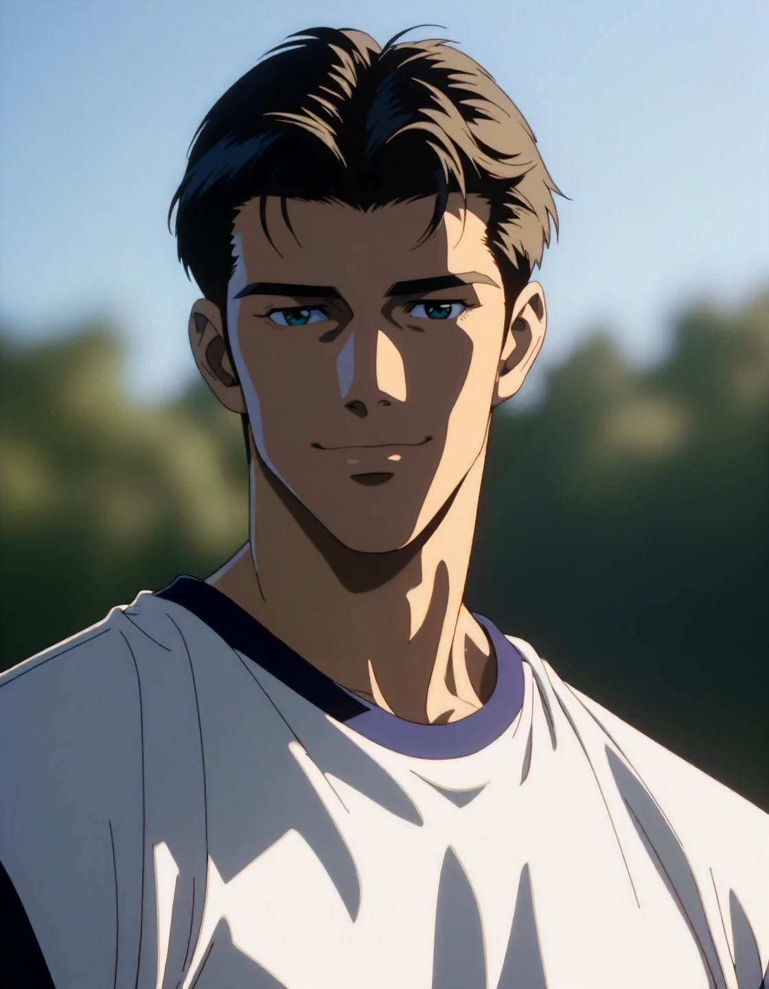 score_9, score_8_up, score_7_up, close-up shot, headshot, (male focus), photo of fb_blake <lora:fratbrat_blake_pony:0.75> , confident smirk, soft diffused lighting, slight backlight, 85mm, shallow depth of field, blurred outdoor athletic field background, wearing henley shirt
, vivid colors, very, ambient, highly color focused, perfect background, dynamic cinematic perfect background, classic anime style