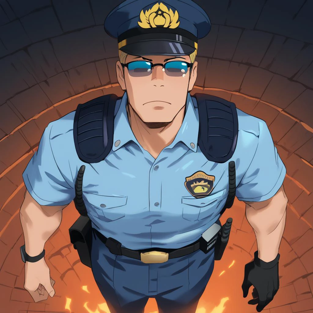 PonyScores7, source_anime, ah1, best quality, (masterpiece:1.4), (high quality:1.4), sharp focus, 4k, absurd resolution, <lora:albertwesker-guy-PONYv1:0.8> albertwesker, albert wesker, 1boy, blonde, (sunglasses:1.3), looking at viewer, toned, athletic, fit, slicked back hair, mature male, short hair, (cruel inquisitor, stern with a hooded cloak and a set of torture instruments), (The wildfire spread rapidly due to strong winds, endangering nearby homes), bad-hands-5, ((tears expression)), <lora:xl_more_art-full_v1:0.2>, <lora:shinyskin2:0.2> glistening skin, <lora:aesthetic_anime_v1s:0.2>, <lora:Expressive_H:0.2> Expressiveh, <lora:hairdetailpxl:0.2> hairdetailpxl, <lora:detailxl:0.2> detailxl, (High Angle view Distance shot), (focused, intense glare), short hair, blue eyes, best quality, amazing quality, best aesthetic, absurdres, <lora:expressive eyes:0.2> expressive eyes, <lora:eyedetailpxl:0.2> eyedetailpxl, illustration, Volumetric_Lighting, ultra-detailed, very aesthetic, intricate details, 8k, masterpiece, best_quality, (angular face, sharp_featured face), <lora:Eyes_High_Definition:0.2> EyesHD, handsome, charming, alluring, AS-MidAged, <lora:HannekenJpPcSm:0.8> HannekenJpPcSm, uniform, clothing, japanese summer police uniform, japanese police uniform, summer police uniform, male police uniform, light-blue collared shirt, walkie-talkie, hannekenjppolicesum, rank slides, japanese police badge, japanese police emblem, police, police uniform, male focus, dark blue pants, pants, hat, shirt, police hat, japanese police peaked cap, belt, belt pouch,