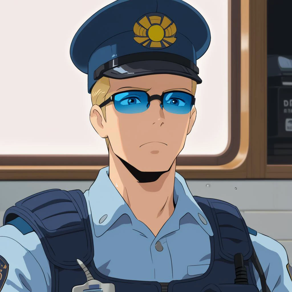 PonyScores7, source_anime, ah1, best quality, (masterpiece:1.4), (high quality:1.4), sharp focus, 4k, absurd resolution, <lora:albertwesker-guy-PONYv1:0.8> albertwesker, albert wesker, 1boy, blonde, (sunglasses:1.3), looking at viewer, toned, athletic, fit, slicked back hair, mature male, short hair, (space medic, with a portable medbay saving lives during a space station disaster compassionate and quick-thinking), (An underwater city with aquatic architecture and bioluminescent sea creatures), bad-hands-5, ((expressionless, half-closed eyes, nervous, nervous sweating, looking away, frown expression)), <lora:xl_more_art-full_v1:0.2>, <lora:shinyskin2:0.2> glistening skin, <lora:aesthetic_anime_v1s:0.2>, <lora:Expressive_H:0.2> Expressiveh, <lora:hairdetailpxl:0.2> hairdetailpxl, <lora:detailxl:0.2> detailxl, (Minimal Depth of Field shot), (focused, intense glare), short hair, blue eyes, best quality, amazing quality, best aesthetic, absurdres, <lora:expressive eyes:0.2> expressive eyes, <lora:eyedetailpxl:0.2> eyedetailpxl, illustration, Volumetric_Lighting, ultra-detailed, very aesthetic, intricate details, 8k, masterpiece, best_quality, (angular face, sharp_featured face), <lora:Eyes_High_Definition:0.2> EyesHD, handsome, charming, alluring, AS-MidAged, <lora:HannekenJpPcSm:0.8> HannekenJpPcSm, uniform, clothing, japanese summer police uniform, japanese police uniform, summer police uniform, male police uniform, light-blue collared shirt, walkie-talkie, hannekenjppolicesum, rank slides, japanese police badge, japanese police emblem, police, police uniform, male focus, dark blue pants, pants, hat, shirt, police hat, japanese police peaked cap, belt, belt pouch,