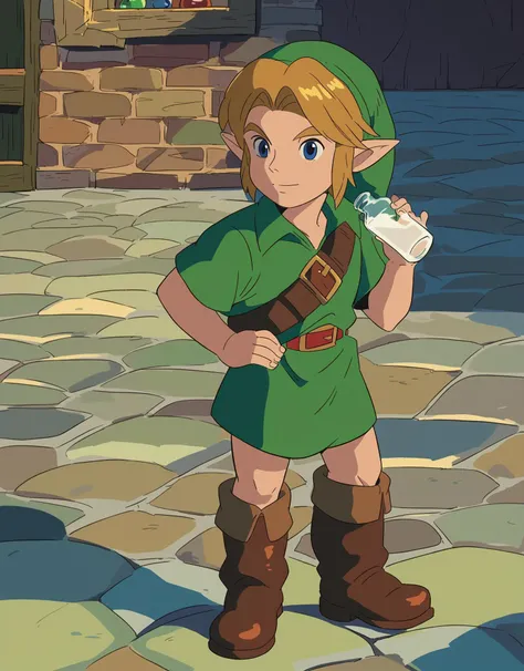 <lora:YoungLinkXL:0.85> 1boy, younglink, link, blonde hair, blue eyes, pointy ears, (hat:1.1), green tunic, belt, boots , solo , alone, (young Link) a peacefully drinking a glass bottle of milk while inside a stone dungeon, one hand on hip,, score_9, score_8_up, score_7_up, masterpiece, (flat illumination:1)