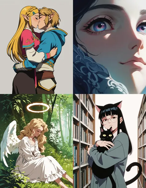 https://civitai.com/articles/5300 ___ All images: score_9, score_8_up, score_7_up ___ 1st image: 1girl, 1boy, Princess_Zelda, \(The_Legend_of_Zelda:_Breath_of_the_Wild\), standing, kiss, hug, closed_eyes ___ 2nd image: 1girl, lovely face, portrait, close-up, looking_at_viewer, closed_mouth ___ 3rd image: 1girl, solo, blonde_hair, wavy_hair, angel, angel_wings, halo, smile, sitting, forest, white_dress ___ 4th Image: 1girl, solo, long_hair, black_hair, blunt_bangs, straight_hair, round_eyewear, cat_girl, cat_ears, cat_tail, standing, hug cat, looking_at_viewer, library