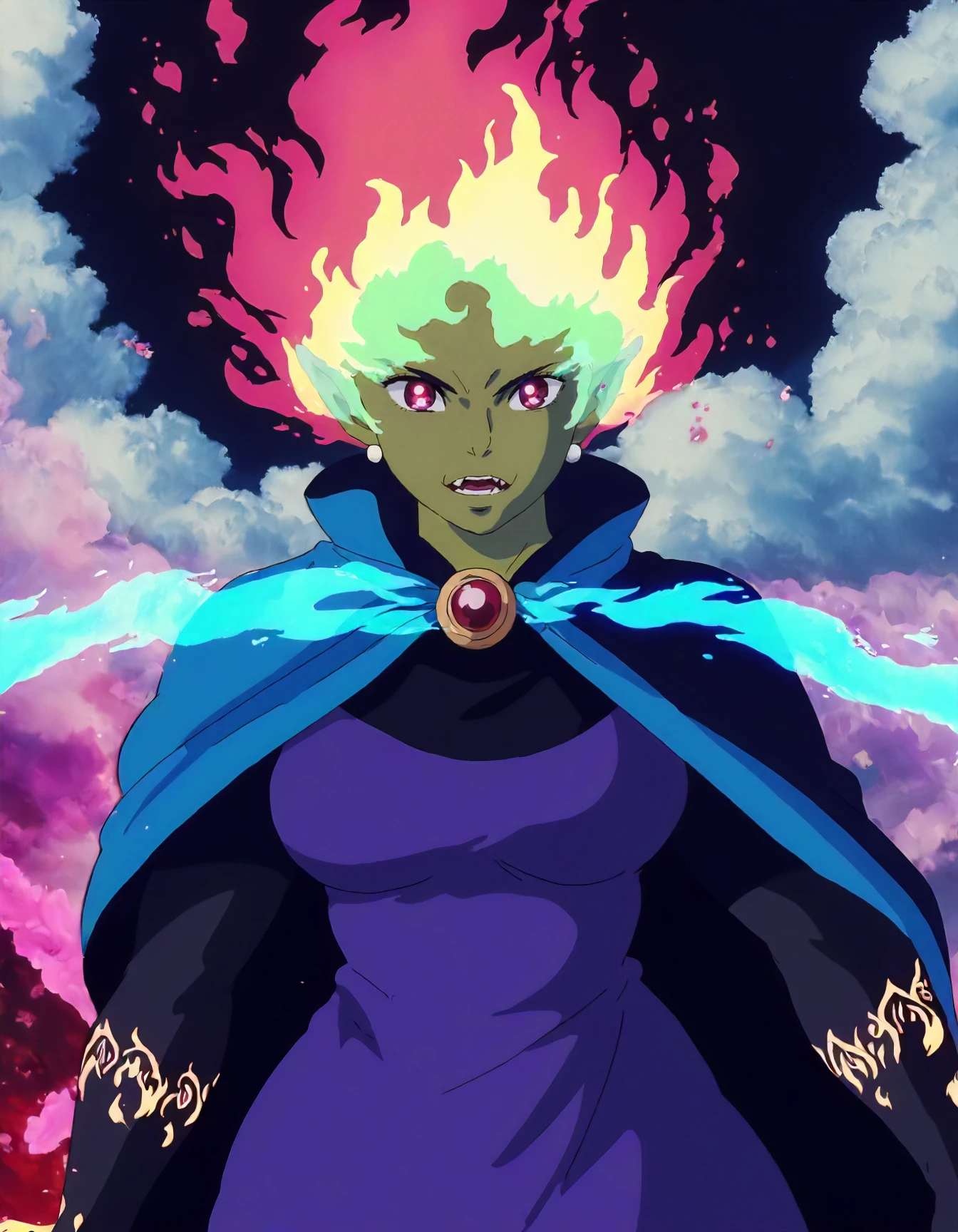 Analog style, vhs style, Dvd screengrab, old anime, classic anime, portrait of a female half-Orc Bloodfire Sorcerer, wild rainbow cloak, flowing magical energy, blood magic, fiery aura, intense expression, glowing red eyes, muscular build, green skin, intricate tattoos, dark fantasy, dynamic lighting, detailed fantasy artwork, high contrast colors, glowing magical embers, chaotic energy, rugged landscape, swirling magical aura, fierce, ethereal glow, power radiating, clothes, <lora:_sdxl-burningeye-pony:0.631> burningeye, flaming eye