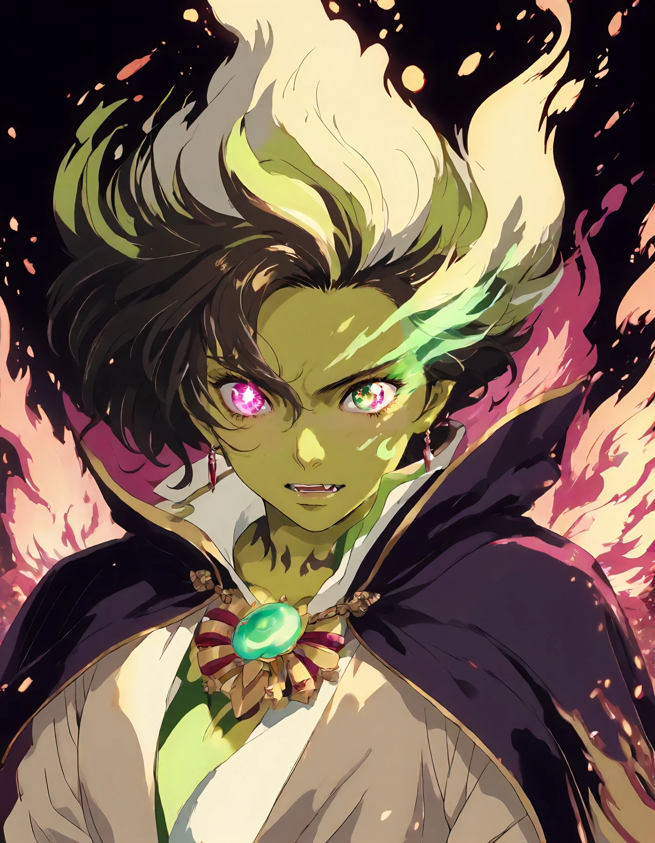 Analog style, vhs style, Dvd screengrab, classic anime, portrait of a young female half-Orc Sorcerer wearing a wild rainbow cloak, <lora:_sdxl-burningeye-pony:1> burningeye, flaming eye, BREAK flowing magical energy, intense expression, muscular build, green skin, intricate tattoos, dark fantasy, dynamic lighting, detailed fantasy artwork, high contrast colors, <lora:Rage_Pony:0.41> <lora:CleanDetailed_Eyes:0.6> detailed eyes