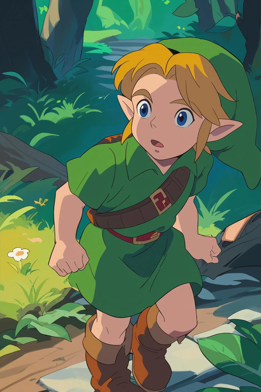 <lora:YoungLinkXL:0.9> 1boy, younglink, link, blonde hair, blue eyes, pointy ears, (hat:1.1), green tunic, belt, boots , a exploring a dark scary forest , surprise face, nighttime, solo , alone,, score_9, score_8_up, score_7_up, masterpiece, (flat illumination:1)