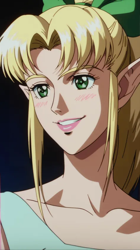 score_9, score_8_up, score_7_up, Analog style, vhs style, Dvd screengrab, old anime, classic anime, Bringing food to the camera, Venus, elf, blonde hair, ponytail, green ribbon, looking at thd camera, blush, smile, backlit, ultra - detailed face, dynamic angles, high - sensitivity illustrations, masterpiece, UHD, best quality, octane render, cinematic, hyper detailed, ultra photorealistic, hyper - realistic