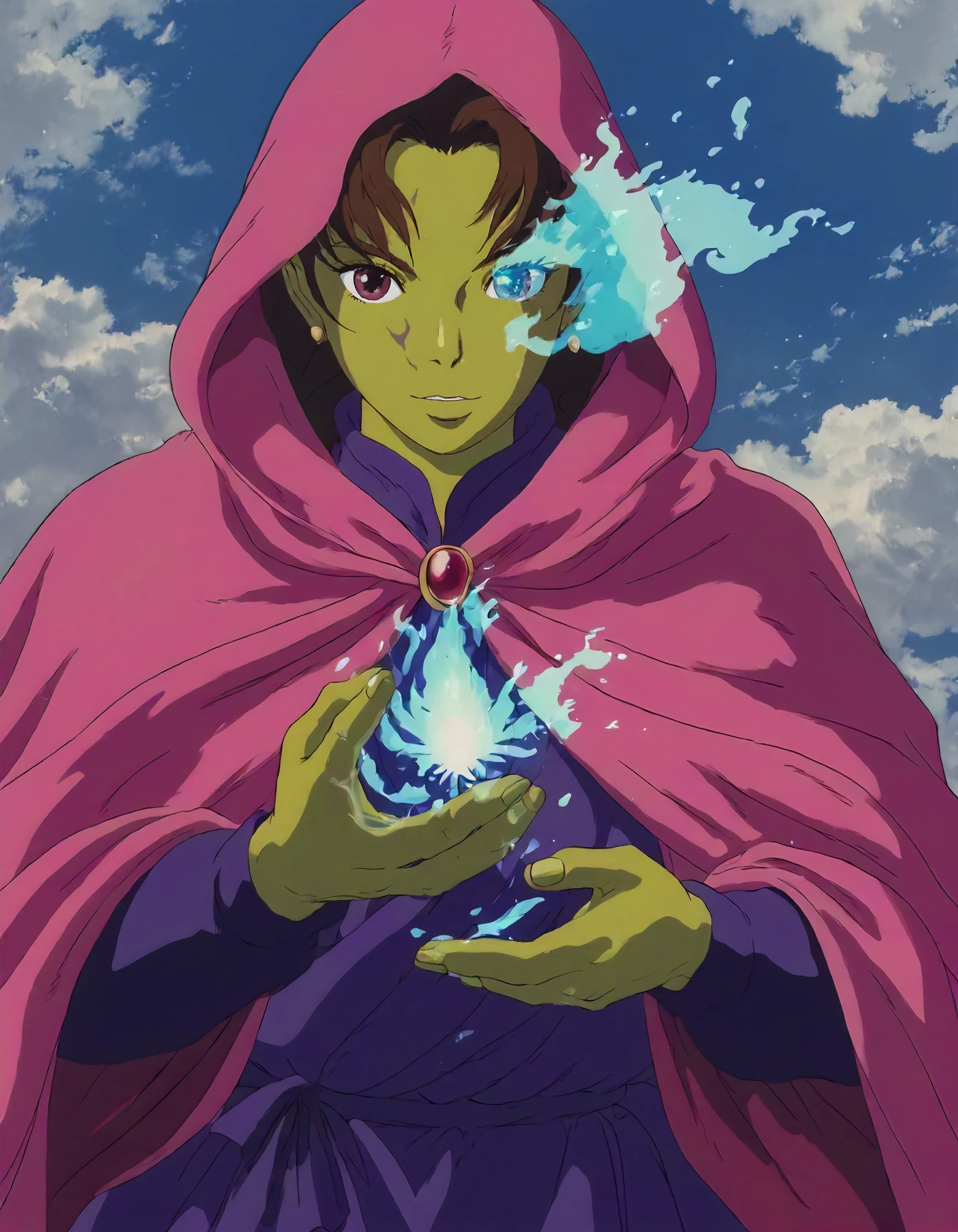Analog style, vhs style, Dvd screengrab, classic anime, portrait of a young female half-Orc Sorcerer wearing a wild rainbow cloak, <lora:_sdxl-burningeye-pony:1> burningeye, flaming eye, BREAK flowing magical energy, intense expression, muscular build, green skin, intricate tattoos, dark fantasy, dynamic lighting, detailed fantasy artwork, high contrast colors, <lora:Pony_Fantasy_Wizard__Witches_-_By_HailoKnight:0.51> hkmagic