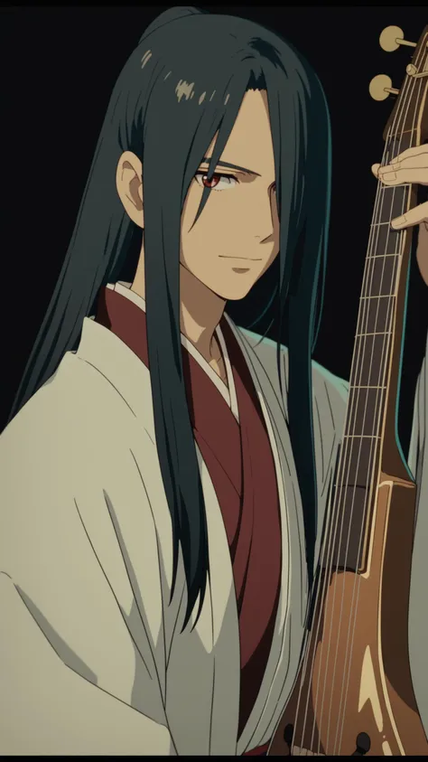 ghibli, score_9, score_8_up, score_7_up, i want the whole image to be created in 3D anime style,  solo, long hair, looking at viewer, black hair, red eyes, 1boy, holding, hair between eyes, closed mouth, upper body, male focus, japanese clothes, kimono, hair over one eye, letterboxed, black background, instrument, pale skin, holding instrument