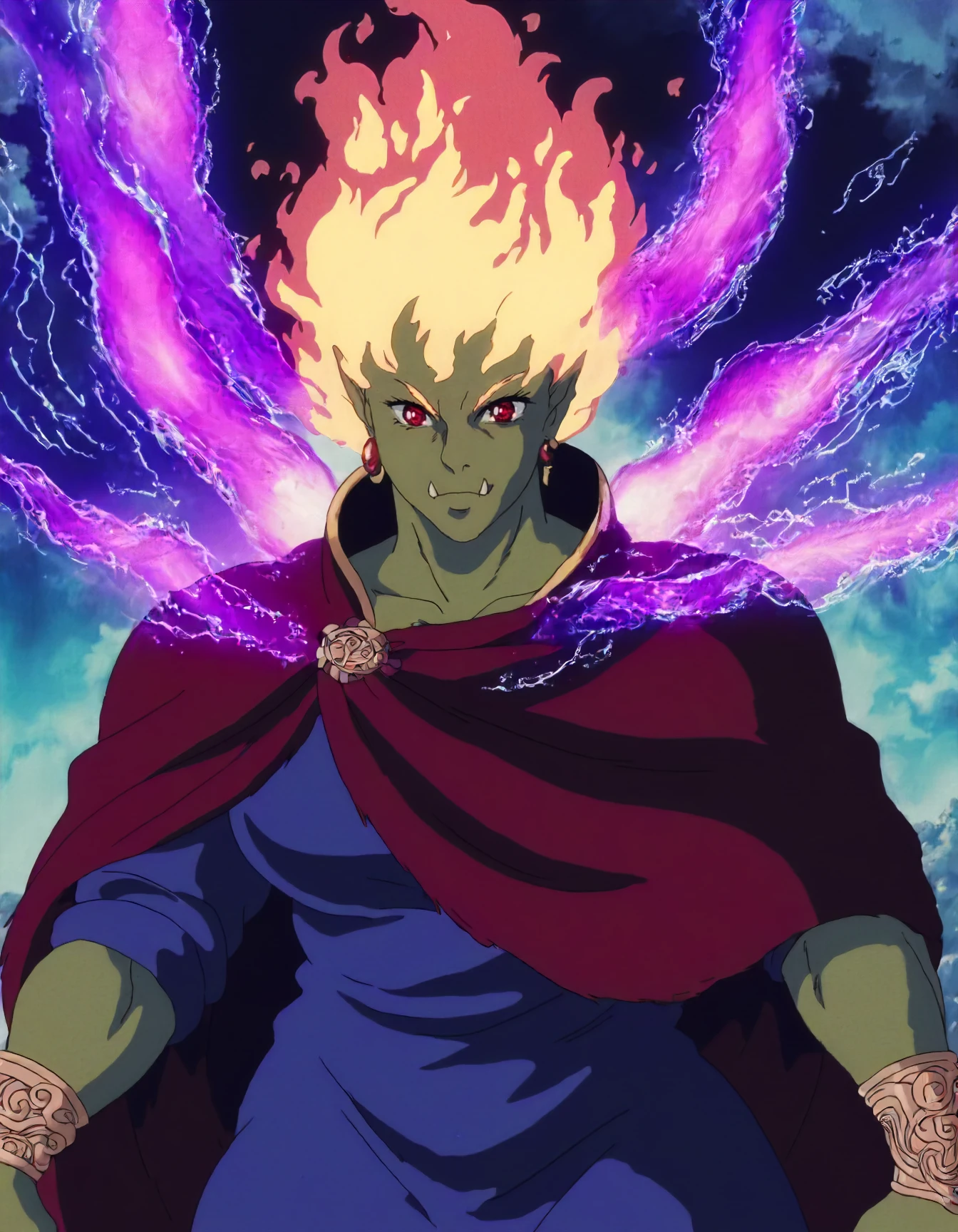 Analog style, vhs style, Dvd screengrab, old anime, classic anime, portrait of a female half-Orc Bloodfire Sorcerer, wild rainbow cloak, flowing magical energy, blood magic, fiery aura, intense expression, glowing red eyes, muscular build, green skin, intricate tattoos, dark fantasy, dynamic lighting, detailed fantasy artwork, high contrast colors, glowing magical embers, chaotic energy, rugged landscape, swirling magical aura, fierce, ethereal glow, power radiating, clothes, <lora:_sdxl-burningeye-pony:0.31> burningeye, flaming eye