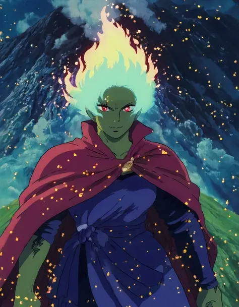 Analog style, vhs style, Dvd screengrab, old anime, classic anime, portrait of a female half-Orc Bloodfire Sorcerer, wild rainbow cloak, flowing magical energy, blood magic, intense expression, glowing red eyes, muscular build, green skin, intricate tattoos, dark fantasy, dynamic lighting, detailed fantasy artwork, high contrast colors, glowing magical embers, chaotic energy, rugged landscape, swirling magical aura, fierce, ethereal glow, power radiating, clothes,  <lora:_sdxl-burningeye-pony:0.631> burningeye, flaming eye