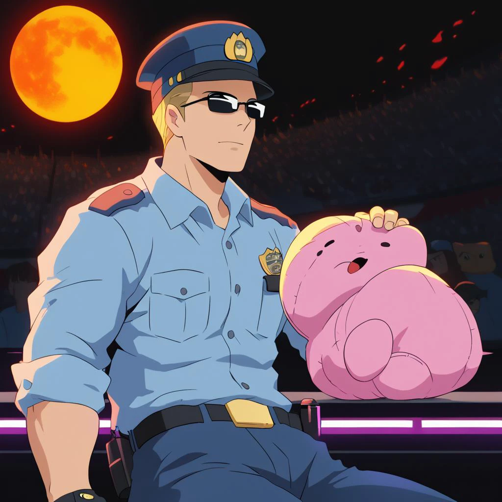 PonyScores7, source_anime, ah1, best quality, (masterpiece:1.4), (high quality:1.4), sharp focus, 4k, absurd resolution, <lora:albertwesker-guy-PONYv1:0.8> albertwesker, albert wesker, 1boy, blonde, (sunglasses:1.3), looking at viewer, toned, athletic, fit, slicked back hair, mature male, short hair, (Silhouetted against a blood-red moon, exuding dread), (Stadium VIP Lounge, Exclusive area with plush carpeting, leather sofas and armchairs, a bar stocked with drinks, gourmet snacks on tables, a large TV screen, and framed memorabilia on the walls), bad-hands-5, ((bedroom eyes expression)), <lora:xl_more_art-full_v1:0.2>, <lora:shinyskin2:0.2> glistening skin, <lora:aesthetic_anime_v1s:0.2>, <lora:Expressive_H:0.2> Expressiveh, <lora:hairdetailpxl:0.2> hairdetailpxl, <lora:detailxl:0.2> detailxl, (Eye-level angle (from the side) view Extreme Close shot), (focused, intense glare), short hair, blue eyes, best quality, amazing quality, best aesthetic, absurdres, <lora:expressive eyes:0.2> expressive eyes, <lora:eyedetailpxl:0.2> eyedetailpxl, illustration, Volumetric_Lighting, ultra-detailed, very aesthetic, intricate details, 8k, masterpiece, best_quality, (angular face, sharp_featured face), <lora:Eyes_High_Definition:0.2> EyesHD, handsome, charming, alluring, AS-MidAged, <lora:HannekenJpPcSm:0.8> HannekenJpPcSm, uniform, clothing, japanese summer police uniform, japanese police uniform, summer police uniform, male police uniform, light-blue collared shirt, walkie-talkie, hannekenjppolicesum, rank slides, japanese police badge, japanese police emblem, police, police uniform, male focus, dark blue pants, pants, hat, shirt, police hat, japanese police peaked cap, belt, belt pouch,