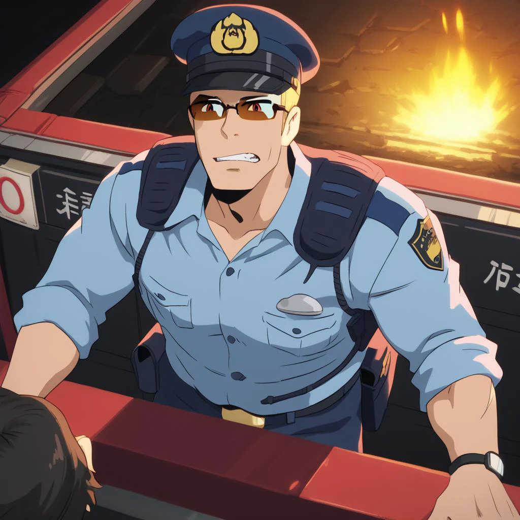 PonyScores7, source_anime, ah1, best quality, (masterpiece:1.4), (high quality:1.4), sharp focus, 4k, absurd resolution, <lora:albertwesker-guy-PONYv1:0.8> albertwesker, albert wesker, 1boy, blonde, (sunglasses:1.3), looking at viewer, toned, athletic, fit, slicked back hair, mature male, short hair, (nutrition counselor, holding a healthy eating guide with a knowledgeable expression), (hotel lobby, guests checking in or out some sitting on couches with luggage), bad-hands-5, ((wrinkled nose, raised upper lip, disgusted look expression)), <lora:xl_more_art-full_v1:0.2>, <lora:shinyskin2:0.2> glistening skin, <lora:aesthetic_anime_v1s:0.2>, <lora:Expressive_H:0.2> Expressiveh, <lora:hairdetailpxl:0.2> hairdetailpxl, <lora:detailxl:0.2> detailxl, (Ground level (from behind) view Close shot (focus on chest)), (focused, intense glare), short hair, (reddish orange eyes, slit pupils), best quality, amazing quality, best aesthetic, absurdres, <lora:expressive eyes:0.2> expressive eyes, <lora:eyedetailpxl:0.2> eyedetailpxl, illustration, Volumetric_Lighting, ultra-detailed, very aesthetic, intricate details, 8k, masterpiece, best_quality, (angular face, sharp_featured face), <lora:Eyes_High_Definition:0.2> EyesHD, handsome, charming, alluring, AS-MidAged, <lora:HannekenJpPcSm:0.8> HannekenJpPcSm, uniform, clothing, japanese summer police uniform, japanese police uniform, summer police uniform, male police uniform, light-blue collared shirt, walkie-talkie, hannekenjppolicesum, rank slides, japanese police badge, japanese police emblem, police, police uniform, male focus, dark blue pants, pants, hat, shirt, police hat, japanese police peaked cap, belt, belt pouch,