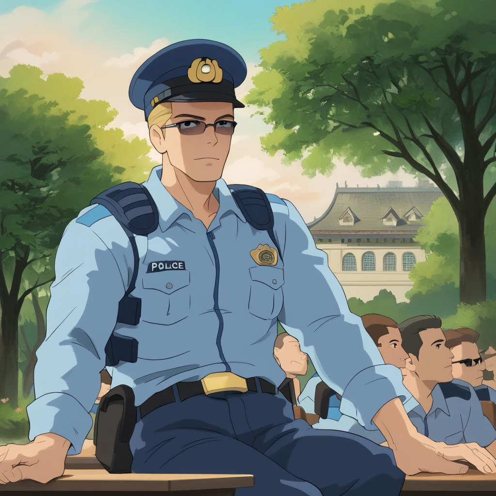 PonyScores7, source_anime, ah1, best quality, (masterpiece:1.4), (high quality:1.4), sharp focus, 4k, absurd resolution, <lora:albertwesker-guy-PONYv1:0.8> albertwesker, albert wesker, 1boy, blonde, (sunglasses:1.3), looking at viewer, toned, athletic, fit, slicked back hair, mature male, short hair, (Legs Crossed), (palace Gardens, Serene oasis with flowering trees, bubbling fountains, meandering pathways, secluded alcoves for private conversations, peacocks strutting about), bad-hands-5, ((Trembling, Loathing expression)), <lora:xl_more_art-full_v1:0.2>, <lora:shinyskin2:0.2> glistening skin, <lora:aesthetic_anime_v1s:0.2>, <lora:Expressive_H:0.2> Expressiveh, <lora:hairdetailpxl:0.2> hairdetailpxl, <lora:detailxl:0.2> detailxl, (Subframing shot), (focused, intense glare), short hair, blue eyes, best quality, amazing quality, best aesthetic, absurdres, <lora:expressive eyes:0.2> expressive eyes, <lora:eyedetailpxl:0.2> eyedetailpxl, illustration, Volumetric_Lighting, ultra-detailed, very aesthetic, intricate details, 8k, masterpiece, best_quality, (angular face, sharp_featured face), <lora:Eyes_High_Definition:0.2> EyesHD, handsome, charming, alluring, AS-MidAged, <lora:HannekenJpPcSm:0.8> HannekenJpPcSm, uniform, clothing, japanese summer police uniform, japanese police uniform, summer police uniform, male police uniform, light-blue collared shirt, walkie-talkie, hannekenjppolicesum, rank slides, japanese police badge, japanese police emblem, police, police uniform, male focus, dark blue pants, pants, hat, shirt, police hat, japanese police peaked cap, belt, belt pouch,