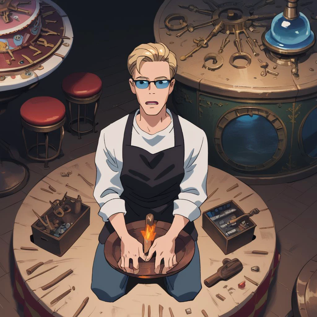 PonyScores7, source_anime, ah1, best quality, (masterpiece:1.4), (high quality:1.4), sharp focus, 4k, absurd resolution, <lora:albertwesker-guy-PONYv1:0.8> albertwesker, albert wesker, 1boy, blonde, (sunglasses:1.3), looking at viewer, toned, athletic, fit, slicked back hair, mature male, short hair, (malevolent witch, gnarled fingers with a sinister cackle and a cursed broom), (clockwork Carousel, Ornate carousel adorned with brass and gears, intricately carved wooden animals bobbing up and down, the sound of calliope music filling the air, laughter echoing through the park), bad-hands-5, ((Surprised, Feeling or showing surprise expression)), <lora:xl_more_art-full_v1:0.2>, <lora:shinyskin2:0.2> glistening skin, <lora:aesthetic_anime_v1s:0.2>, <lora:Expressive_H:0.2> Expressiveh, <lora:hairdetailpxl:0.2> hairdetailpxl, <lora:detailxl:0.2> detailxl, (High Angle view medium Close shot (focus on knees)), (focused, intense glare), short hair, blue eyes, best quality, amazing quality, best aesthetic, absurdres, <lora:expressive eyes:0.2> expressive eyes, <lora:eyedetailpxl:0.2> eyedetailpxl, illustration, Volumetric_Lighting, ultra-detailed, very aesthetic, intricate details, 8k, masterpiece, best_quality, (angular face, sharp_featured face), <lora:Eyes_High_Definition:0.2> EyesHD, handsome, charming, alluring, AS-MidAged, <lora:Blacksmith_Apron:0.5> (((BL4CKSM1TH, Black apron, blacksmith, apron, leather))),