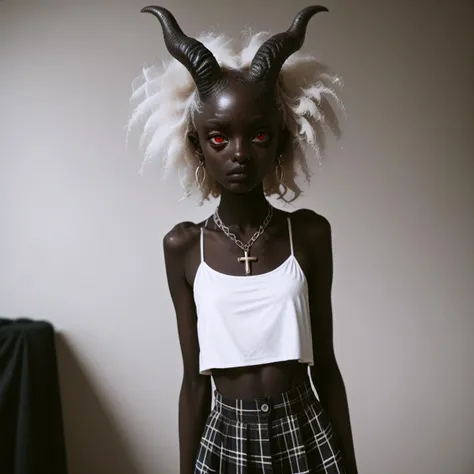 score_9_up, score_8_up, score_7_up,
1girl, solo, <lora:bdemonpony011:1>, colored skin, pale skin, black skin, black hands, black feet, red eyes, black iris, monster girl, skinny, slim, horns, white hair,
chain necklace, cross necklace, bracelets, white shirt and plaid skirt,
indoors, dark black room, music decorations, 80's punk style, solo, <lora:Skin Color_alpha1.0_rank4_noxattn_250steps:2.0>