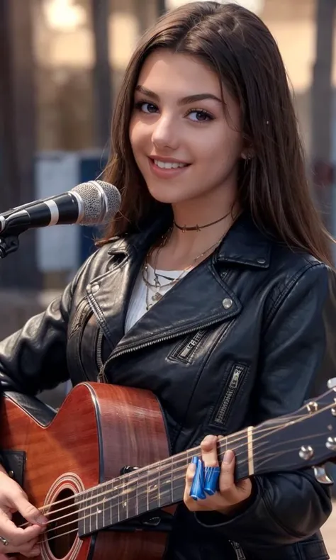 kirak2023, 1 girl, brown hair, uhd, best quality, masterpiece, playing guitar, leather jacket, 5 fingers, closeup, dark hair, long hair, photorealistic, smile, raw image. cinematic lihting