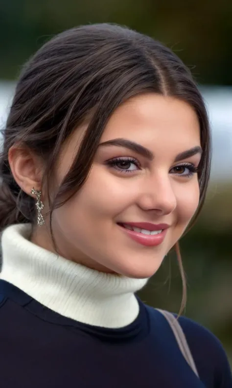 kirak2023, 1 girl, brown hair, uhd, best quality, masterpiece, turtleneck, elegant, movie premiere, 5 fingers, closeup, dark hair, long hair, photorealistic, smile, raw image. cinematic lighting, brown eyes,