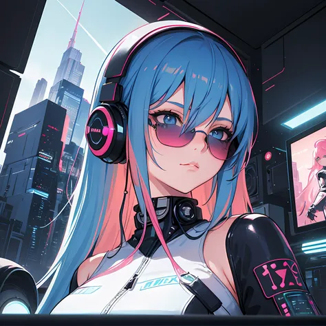 2girl, long hair, ((blue hair)), ((pink hair)), blue eyes, space, galaxy, comet, (illustration:1.1), (perfect details:1.1), landscape, background, latex, abstract, sexy, (blue sunglasses), headphones, blue and black and white outfit, (extremely detailed), cyberpunk, futuristic, spaceship, tv screen