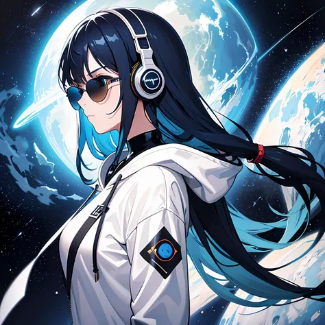 1girl, long hair, ((blue hair)), blue eyes, space, galaxy, comet, (illustration:1.1), (perfect details:1.1), landscape, background, abstract, latex, sexy, blue sunglasses, headphones, blue and black and white outfit, (extremely detailed), white hoodie