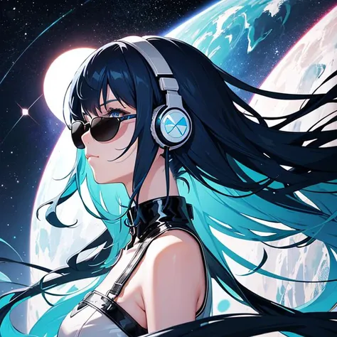 1girl, long hair, ((blue hair)), blue eyes, space, galaxy, comet, (illustration:1.1), (perfect details:1.1), landscape, background, abstract, latex, sexy, blue sunglasses, headphones, blue and black and white outfit, (extremely detailed)