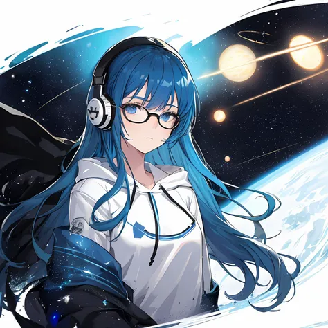 1girl, long hair, ((blue hair)), blue eyes, space, galaxy, comet, (illustration:1.1), (perfect details:1.1), landscape, background, abstract, latex, sexy, (blue sunglasses), headphones, blue and black and white outfit, (extremely detailed), white hoodie