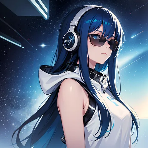 1girl, long hair, ((blue hair)), blue eyes, space, galaxy, comet, (illustration:1.1), (perfect details:1.1), landscape, background, latex, abstract, sexy, (blue sunglasses), headphones, blue and black and white outfit, (extremely detailed), cyberpunk, futuristic, hood, detailed eyes