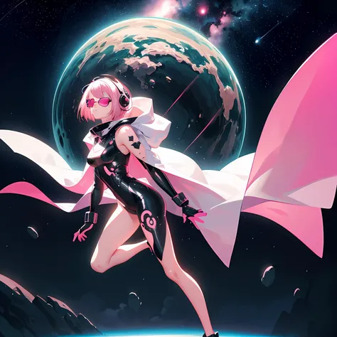 1girl,long hair,((pink hair)), (short hair:1.5),pink eyes,space,galaxy,comet,(illustration:1.8),(perfect details:1.1),landscape,background,latex,abstract,(pink sunglasses),headphones,pink and black and white outfit,(extremely detailed),futuristic, cyber punk jacket, cape, hood, full body
