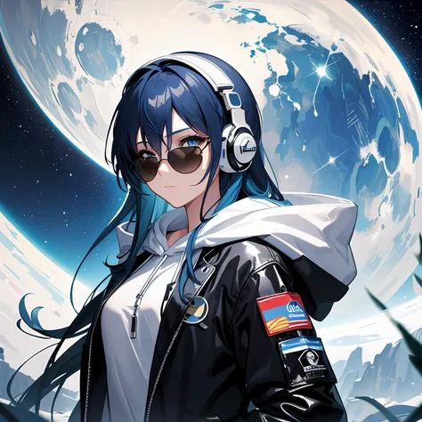 1girl, long hair, ((blue hair)), blue eyes, space, galaxy, comet, (illustration:1.1), (perfect details:1.1), landscape, background, abstract, latex, sexy, blue sunglasses, headphones, blue and black and white outfit, (extremely detailed), white hoodie