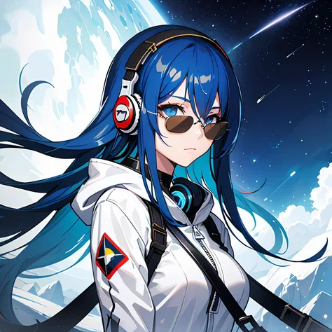1girl, long hair, ((blue hair)), blue eyes, space, galaxy, comet, (illustration:1.1), (perfect details:1.1), landscape, background, abstract, latex, sexy, blue sunglasses, headphones, blue and black and white outfit, (extremely detailed), white hoodie