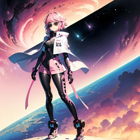 1girl,long hair,((pink hair)), (short hair:1.5),pink eyes,space,galaxy,comet,(illustration:1.8),(perfect details:1.1),landscape,background,latex,abstract,(pink sunglasses),headphones,pink and black and white outfit,(extremely detailed),futuristic, sporty jacket, cape, full body
