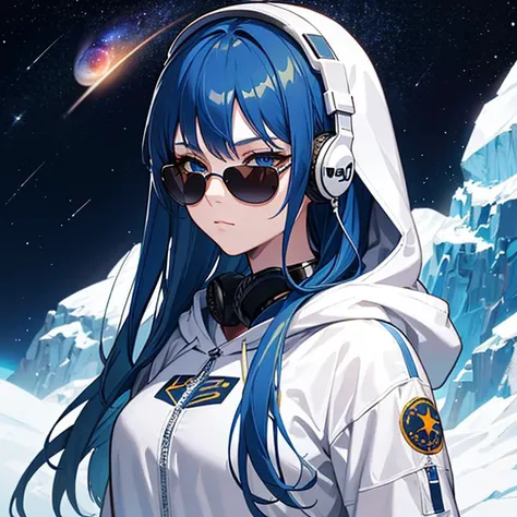 1girl, long hair, ((blue hair)), blue eyes, space, galaxy, comet, (illustration:1.1), (perfect details:1.1), landscape, background, abstract, latex, sexy, blue sunglasses, headphones, blue and black and white outfit, (extremely detailed), white hoodie