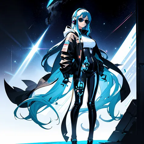 1girl,long hair,((blue hair)),blue eyes,space,galaxy,comet,(illustration:2),(perfect details:1.1),landscape,background,latex,abstract,sexy,(blue sunglasses),headphones,blue and black and white outfit,(extremely detailed),cyberpunk,futuristic,hood,sparkle,full body