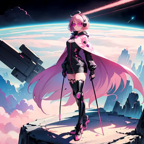 1girl,long hair,((pink hair)), (short hair:1.5),pink eyes,space,galaxy,comet,(illustration:1.8),(perfect details:1.1),landscape,background,latex,abstract,(pink sunglasses),headphones,pink and black and white outfit,(extremely detailed),futuristic, cyber punk jacket, cape, hood, full body