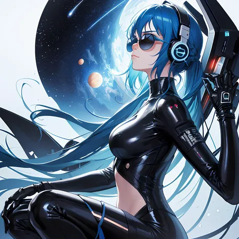 1girl, long hair, ((blue hair)), blue eyes, space, galaxy, comet, (illustration:1.1), (perfect details:1.1), landscape, background, latex, abstract, sexy, (blue sunglasses), headphones, blue and black and white outfit, (extremely detailed), cyberpunk, futuristic