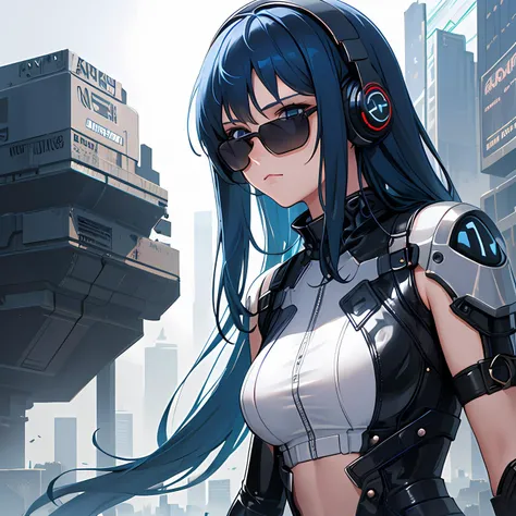1girl, long hair, ((blue hair)), blue eyes, space, galaxy, comet, (illustration:1.1), (perfect details:1.1), landscape, background, latex, abstract, sexy, (blue sunglasses), headphones, blue and black and white outfit, (extremely detailed), cyberpunk, futuristic