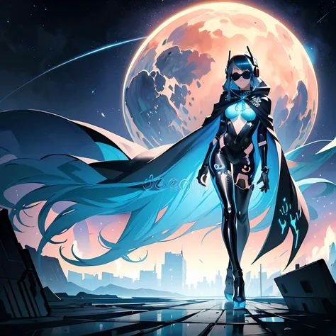 1girl,long hair,((blue hair)),blue eyes,space,galaxy,comet,(illustration:2),(perfect details:1.1),landscape,background,latex,abstract,sexy,(blue sunglasses),headphones,blue and black and white outfit,(extremely detailed),cyberpunk,futuristic,hood,sparkle,full body,cape
