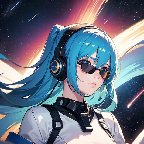 1girl, long hair, ((blue hair)), blue eyes, space, galaxy, comet, (illustration:1.1), (perfect details:1.1), landscape, background, abstract, latex, sexy, blue sunglasses, headphones, blue and black and white outfit, (extremely detailed)