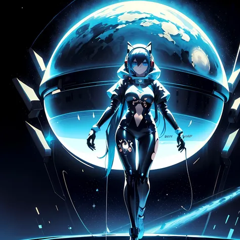 1girl,long hair,((blue hair)),blue eyes,space,galaxy,comet,(illustration:2),(perfect details:1.1),landscape,background,latex,abstract,sexy,(blue sunglasses),headphones,blue and black and white outfit,(extremely detailed),cyberpunk,futuristic,hood,sparkle,full body