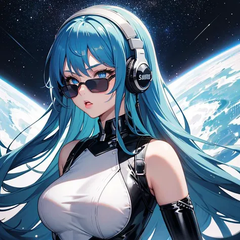1girl, long hair, ((blue hair)), blue eyes, space, galaxy, comet, (illustration:1.1), (perfect details:1.1), landscape, background, abstract, latex, sexy, blue sunglasses, headphones, blue and black and white outfit, (extremely detailed)