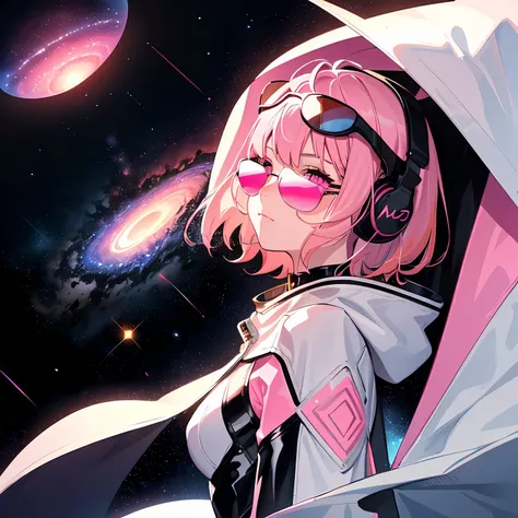 1girl,long hair,((pink hair)), (short hair:1.5),pink eyes,space,galaxy,comet,(illustration:1.8),(perfect details:1.1),landscape,background,latex,abstract,(pink sunglasses),headphones,pink and black and white outfit,(extremely detailed),futuristic, cyber punk jacket, cape, hood