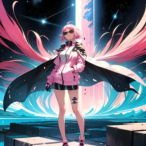 1girl,long hair,((pink hair)), (short hair:1.5),pink eyes,space,galaxy,comet,(illustration:2),(perfect details:1.1),landscape,background,latex,abstract,(pink sunglasses),headphones,pink and black and white outfit,(extremely detailed),futuristic, sporty jacket, cape, street wear, full body, splatter
