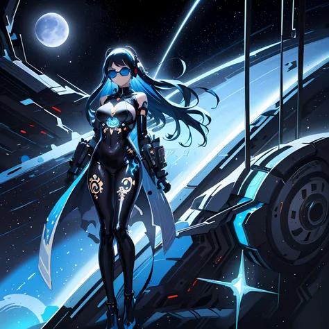 1girl,long hair,((blue hair)),blue eyes,space,galaxy,comet,(illustration:2),(perfect details:1.1),landscape,background,latex,abstract,sexy,(blue sunglasses),headphones,blue and black and white outfit,(extremely detailed),cyberpunk,futuristic,hood,sparkle,full body