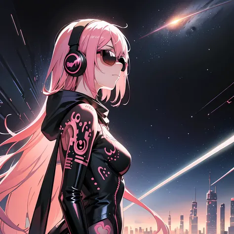 1girl,long hair,((pink hair)), short hair:1.5,pink eyes,space,galaxy,comet,(illustration:2),(perfect details:1.1),landscape,background,latex,abstract,sexy,(pink sunglasses),headphones,pink and black and white outfit,(extremely detailed),cyberpunk,futuristic,hood,sparkle, cyberpunk cape, sword