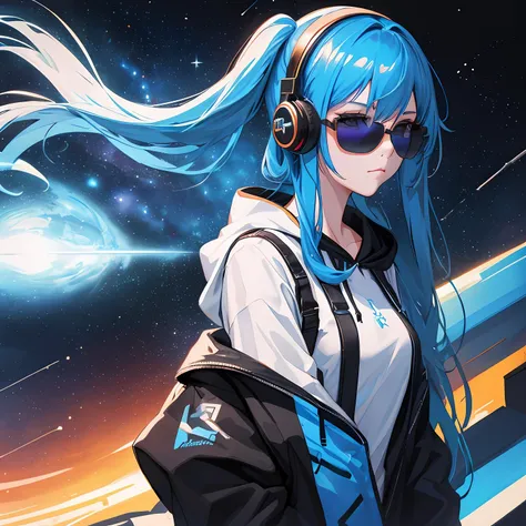1girl, long hair, ((blue hair)), blue eyes, space, galaxy, comet, (illustration:1.1), (perfect details:1.1), landscape, background, abstract, sexy, (blue sunglasses), headphones, blue and black and white outfit, (extremely detailed), hoodie, cyberpunk