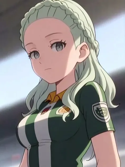 <lora:Guel(Inazuma_Eleven):0.8>,(best quality:1.1),(ultra detailed:1.1),solo,looking at viewer,Guel,light-green hair,long hair,braid,grey eyes,wavy hair,big breasts,soccer uniform,arms at sides,portrait,<hypernet:vaeextremecolors_v10:1.0>