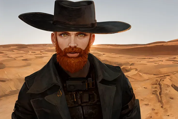 1boy, solo, handsome man, ginger beard, cowboy hat, illustration, drawing, professional, defined shadows, accurate figure, easthetically pleasing, correct hands, post apocalyptic, desert wasteland background, best quality, portrait, (masterpiece, top quality, best quality), trending on artstation, artstation, <lora:cragsand:0.70>, looking at you, portrait