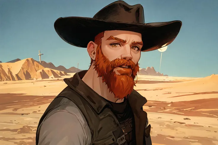1boy, solo, handsome man, ginger beard, cowboy hat, illustration, drawing, professional, defined shadows, accurate figure, easthetically pleasing, correct hands, post apocalyptic, desert wasteland background, best quality, portrait, <lora:cragsand:0.70>